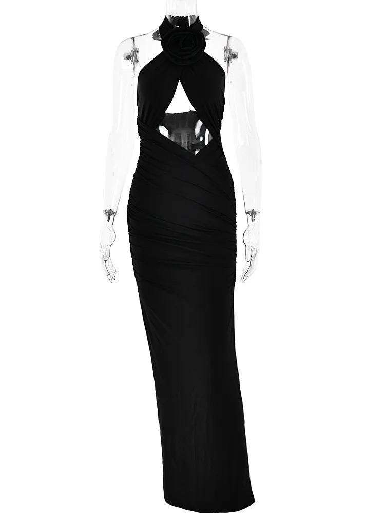 3d Flower Hollow Out Backless ’s Dress Zipper Female Sleeveless Bodycon Maxi Dress Party Club Evening Dress
