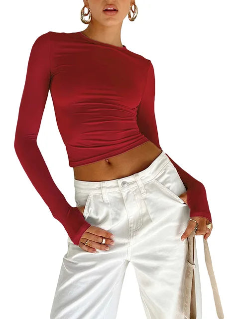 T-shirt Long Sleeve Crew Neck Slim Fit Crop Top With Thumb Holes for Daily Summer Camis