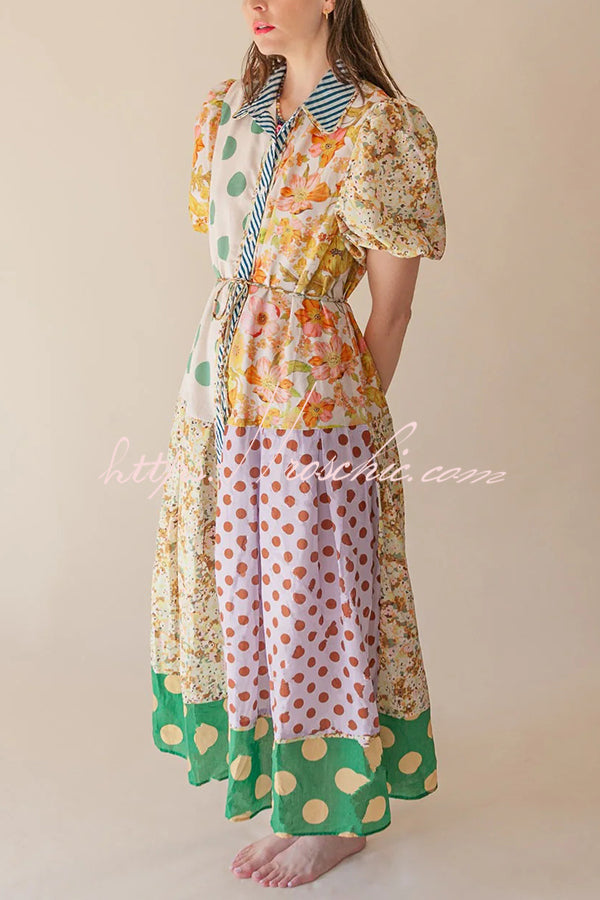 Linen Blend Unique Print Lapel Puff Sleeve Midi Dress