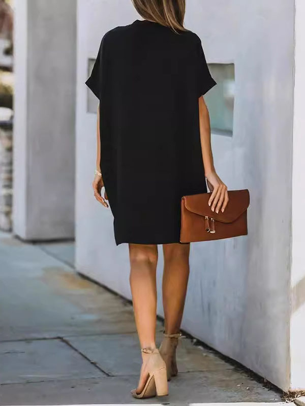High Waisted Loose Color V-neck Mini Dresses