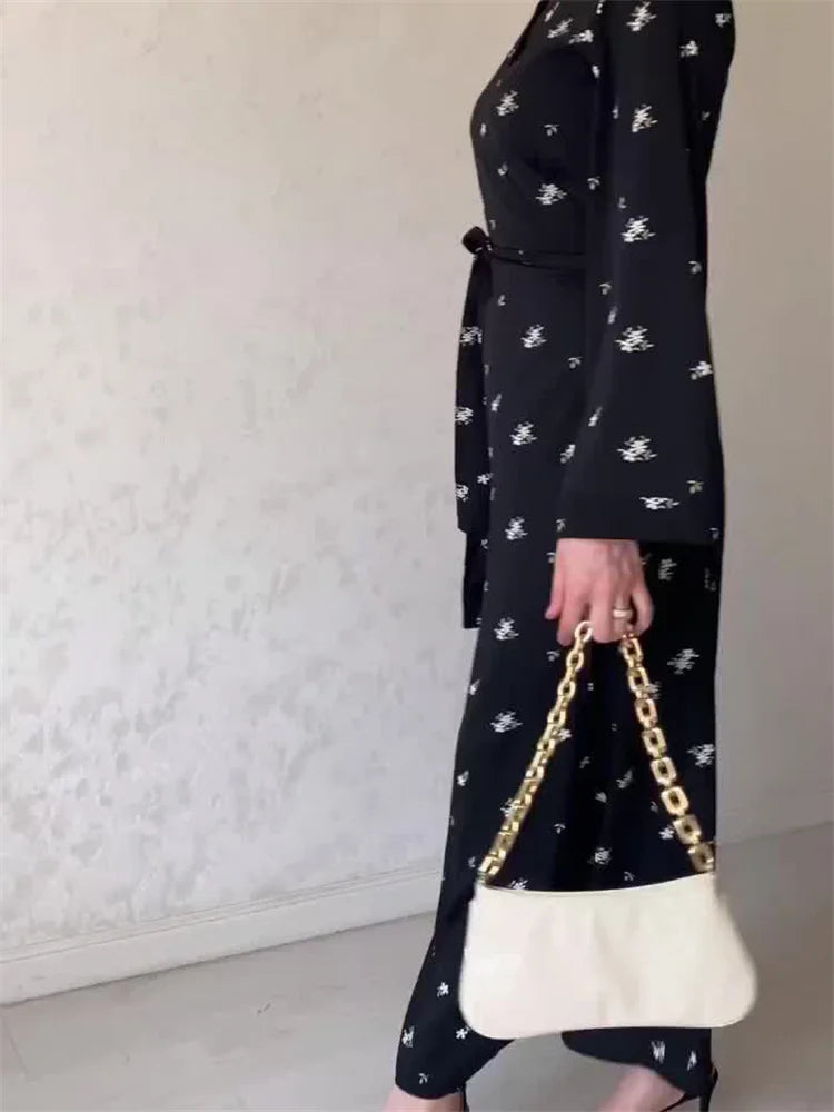 Printed Bandage Maxi Dress for V-neck Patchwork High Waist Lace-up Party Looks Long Dress New