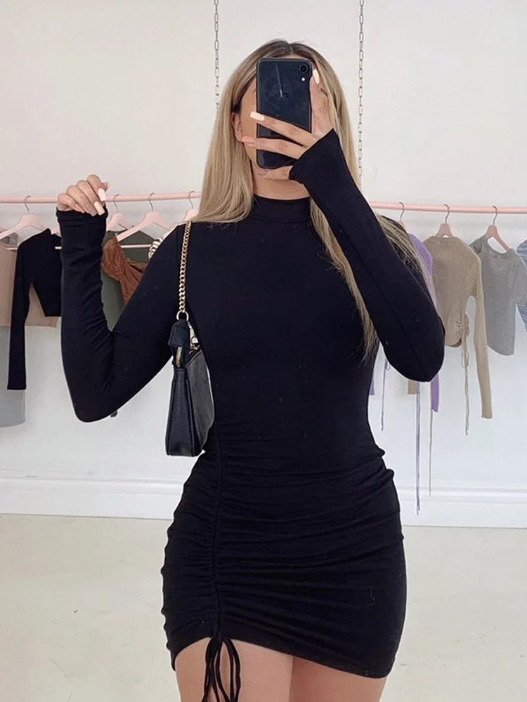 Long Sleeve Ruched Bodycon Dress Turtleneck Bandage Mini Dresses Autumn Black Skinny Stretchy Party Vestidos