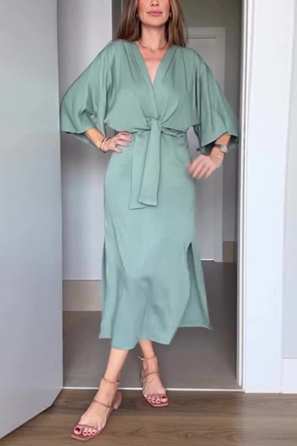 Color V-neck Half-sleeve Waist-tied Midi Dress