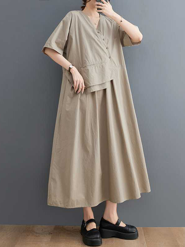 Loose Short Sleeves Pleated Color Split-joint V-neck Midi Dresses