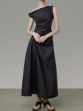 A-line High Waisted Asymmetric Color One-shoulder Midi Dresses