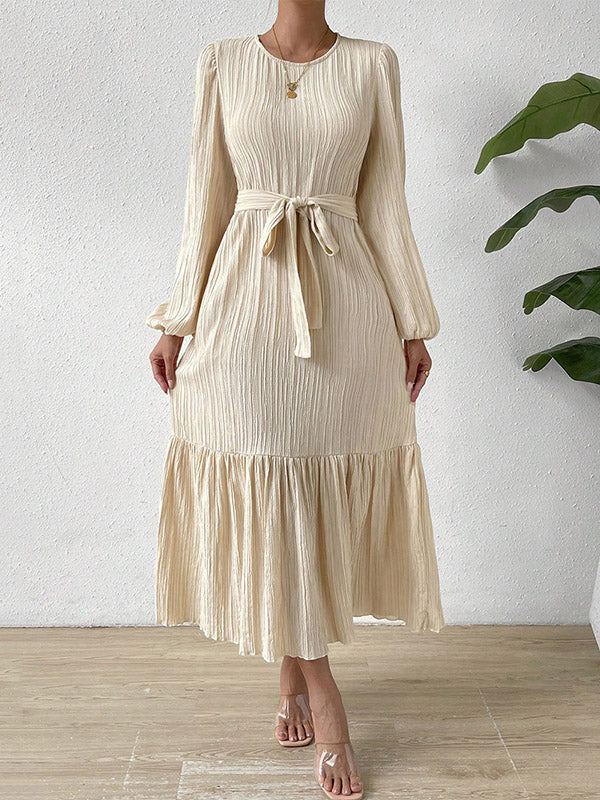 A-line Long Sleeves Elasticity Pleated Color Split-joint Tied Waist Round-neck Midi Dresses