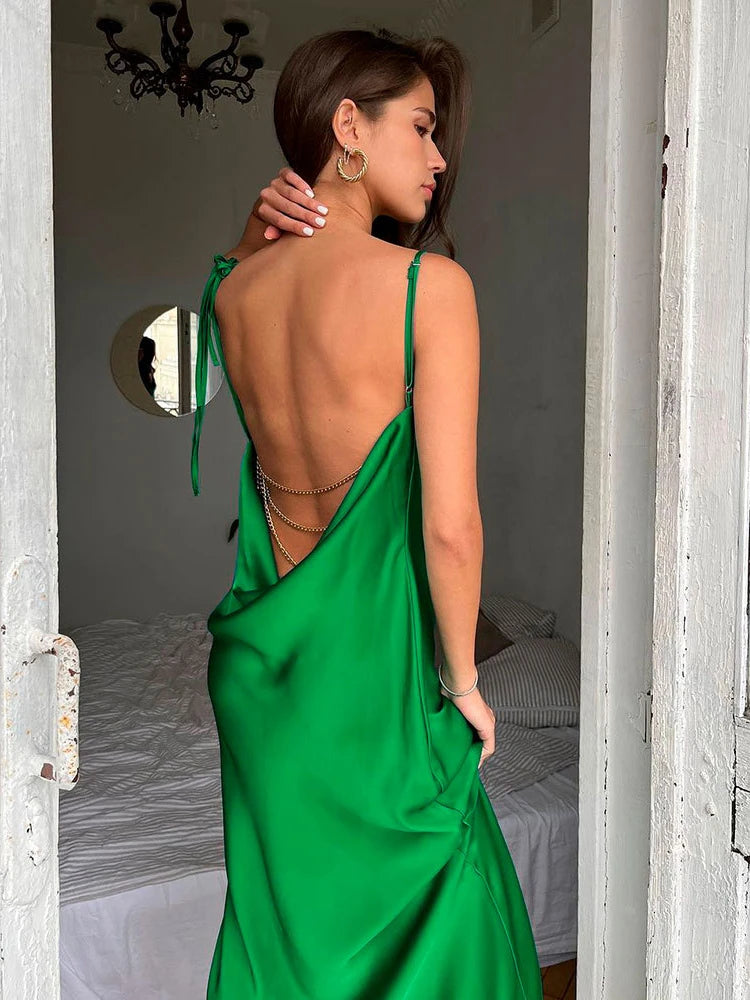 ‘s High Silt Spaghetti Strap Chain Long Dress V Neck Sleeveless Lace Up Backless Loose Evening Club Party Dress