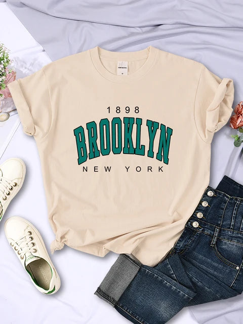 1898 Brooklyn New York Print Short Sleeve T-shirts All-math Crewneck Breathable Female Clothing