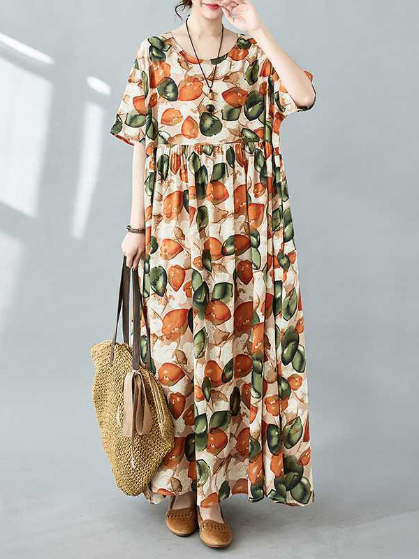 Half Sleeves Loose Pleated Printed Split-joint Round-neck Midi Dresses