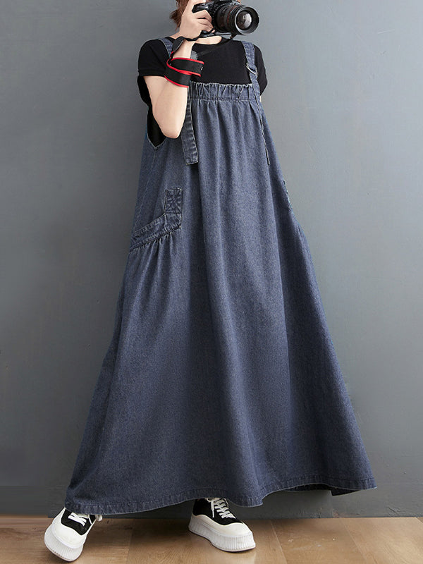 Loose Artistic Retro Color Strap Denim Midi Dress