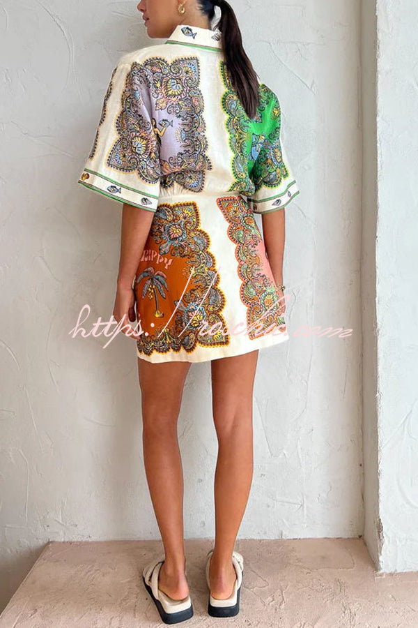 Coco Mermaid Print Button Down Pockered Shirt Mini Dress