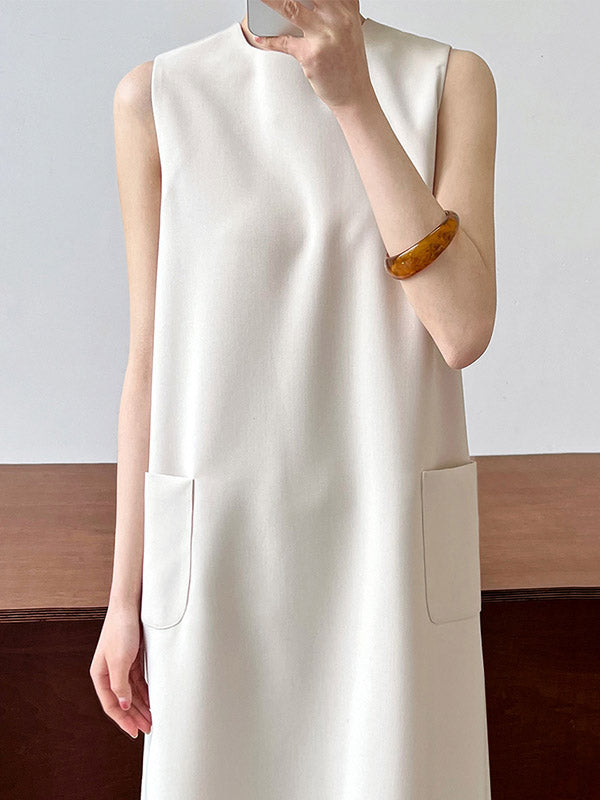 High Waisted Loose Pockets Color Split-back Zipper Round-neck Midi Dresses