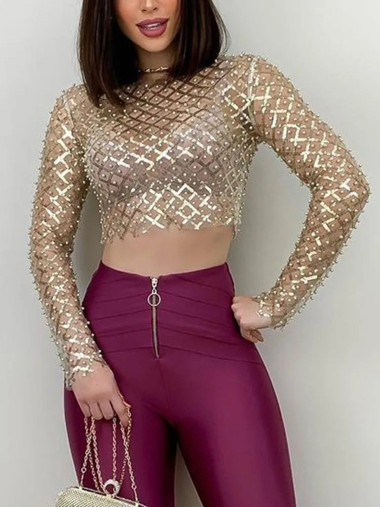 Embroidered Flares Glitter T-shirt O Neck Full Sleeve Crop Top Mesh Shiny Slim Party T-shirts Tops