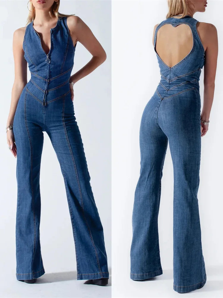 Backless Heart Cutout Bodycon Jumpsuit for Sleeveless Slim One-piece Outfits Retro Denim Jumpsuits New