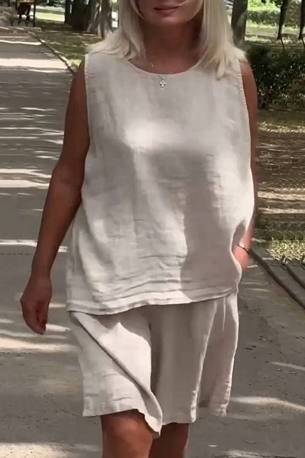 Linen Blend Sleeveless Crewneck Top and Loose Pocket Shorts Set
