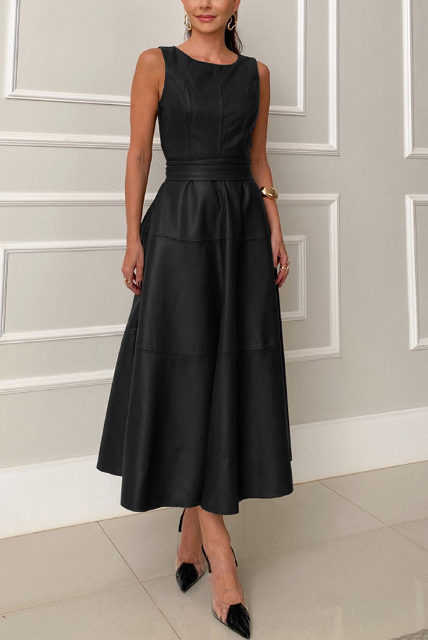 Ensemble Faux Leather Princess Line Back Zipper Umbrella Midi Dress