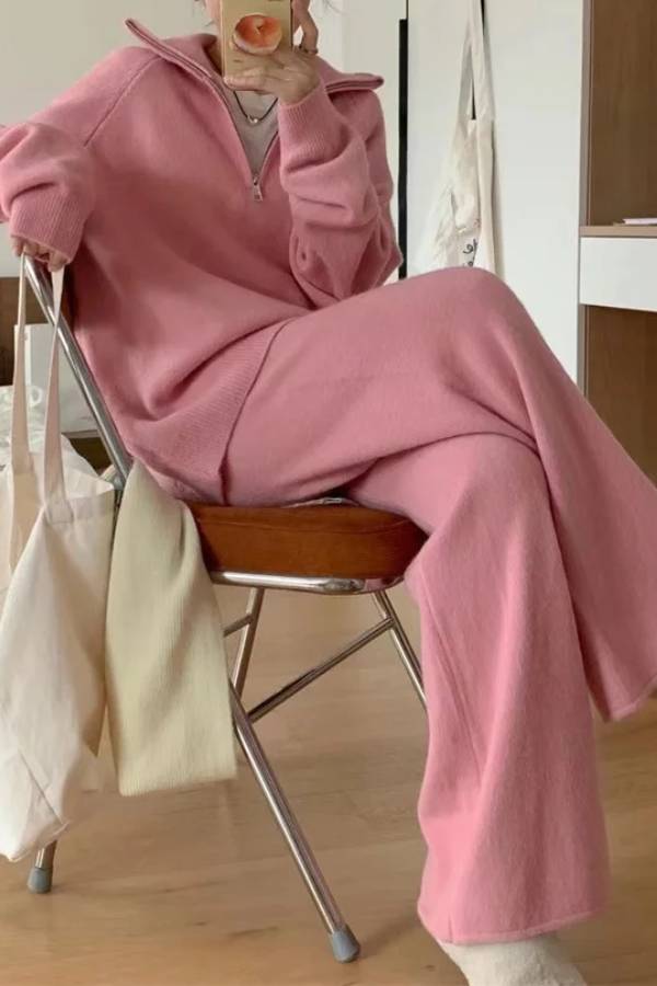 Lapel Sweater and Wide-leg Pants Two-piece Suit