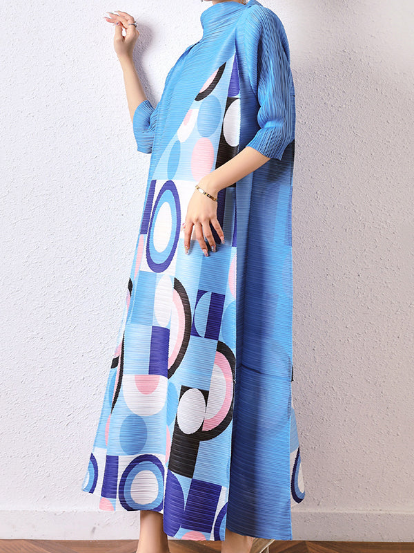 Loose Geometric Printed Pleated Midi Dress