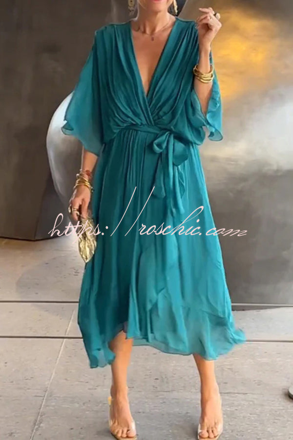 Color V-neck Bat Sleeve Lace-up Irregular Hem Midi Dress