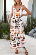 Unique Beach Vacation Print V-neck Suspenders Wide-leg Jumpsuit