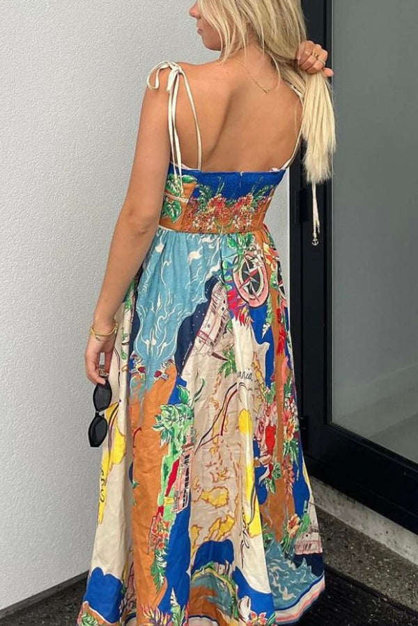 Unique Printed Lace-up Suspender Pockets Resort Style Midi Dress