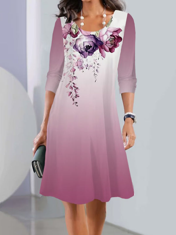 Long Sleeves Flower Print Multi-colored Printed Round-neck Midi Dresses