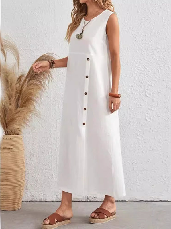 Loose Sleeveless Asymmetric Buttoned Split-front Split-joint Round-neck Midi Dresses