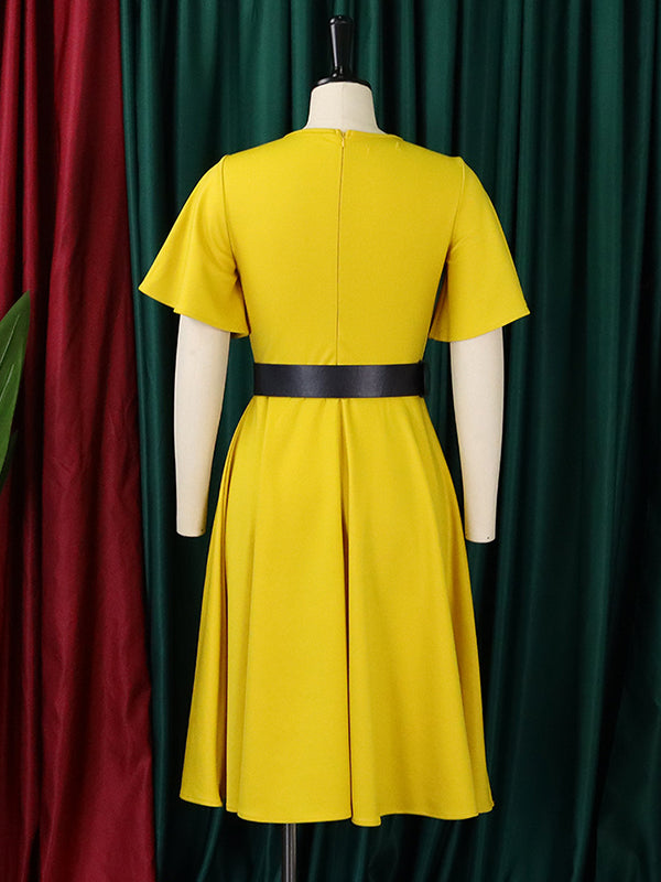 Irregular Clipping Belted Color Round-neck Midi Dresses