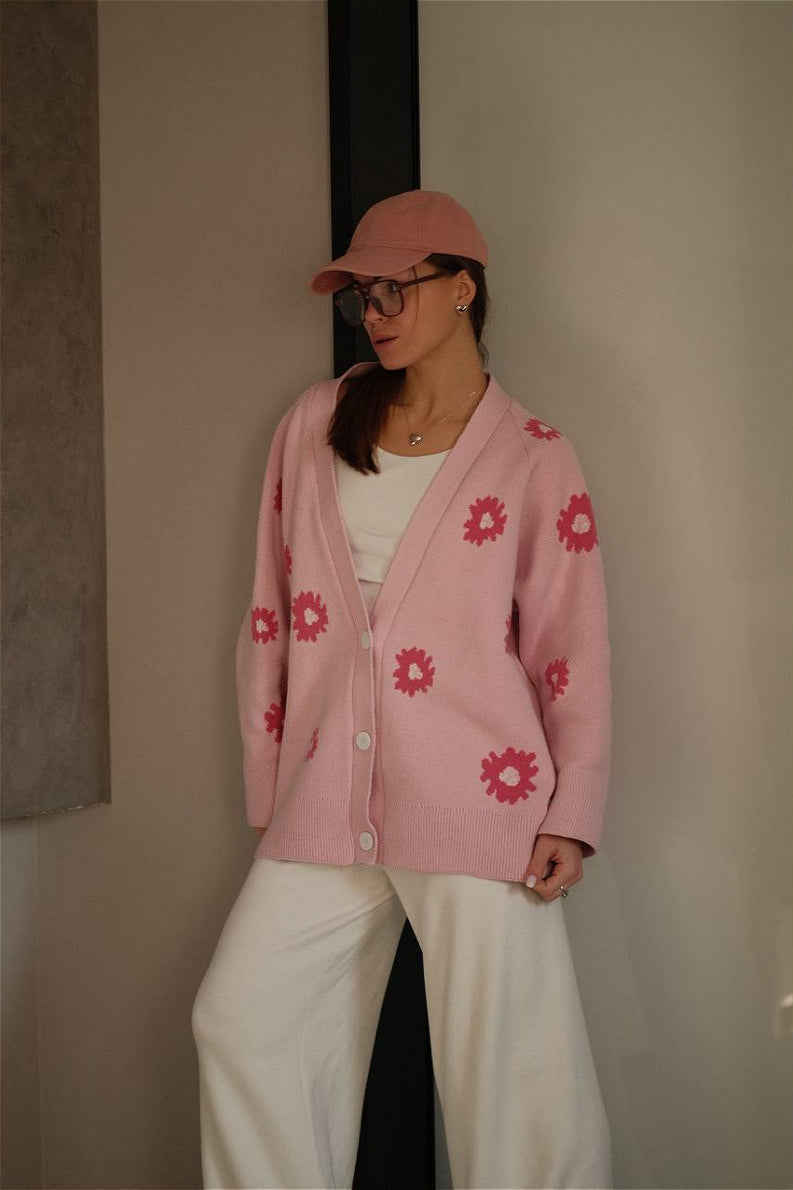 Fuzzy Daisy Jacquard Loose V-neck Cardigan