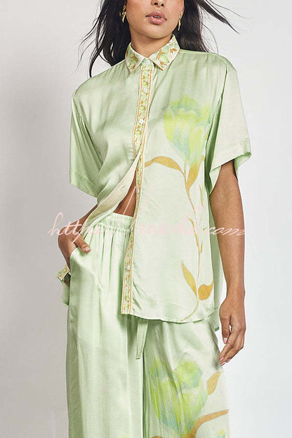 Niah Satin Tulip Print Lapel Short Sleeve Shirt and Elastic Waist Tie Pocket Wide Leg Pants Set