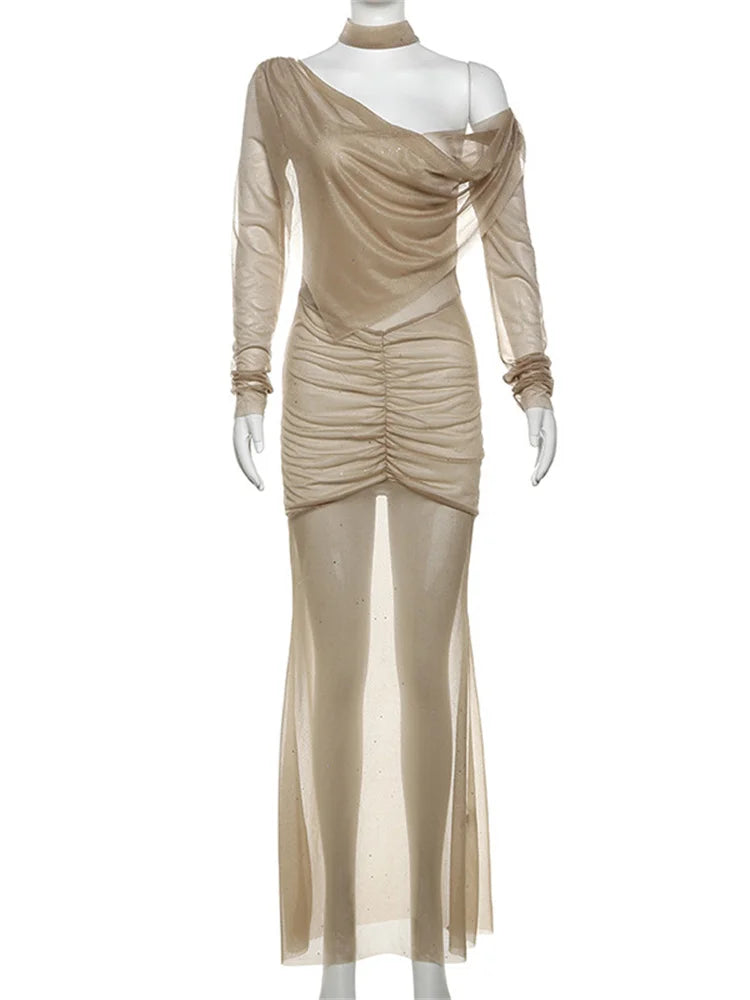 Sequin See-through Maxi Dress ’s Pleated Glitter Off-shoulder Summer Party Dress Gown Shiny Long Dress