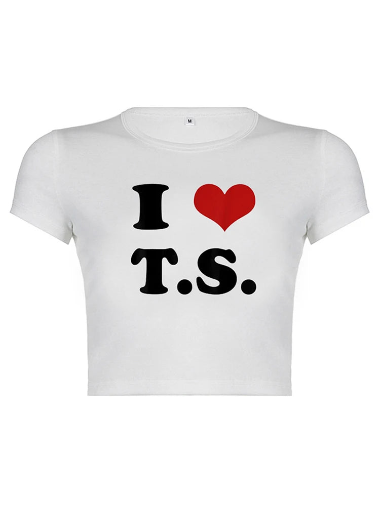 I Love T S Cropped Tops for Summer Short Sleeve T Shirt Y2k Clothes Harajuku Baby Tee Graphic T-shirt Crop Top Tee
