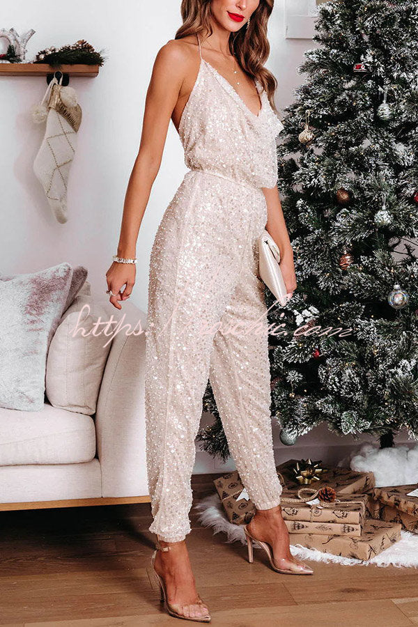 Cheers to Me Sequin Halter Elastic Waist Jumpsuit