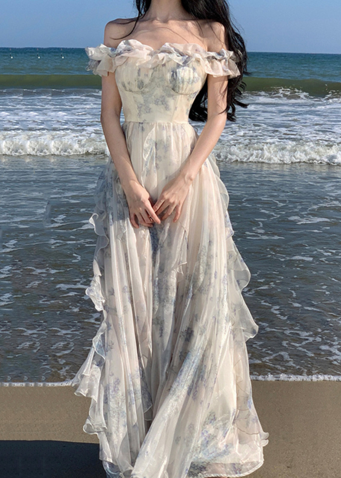 Ruffled Print Patchwork Chiffon Long Dresses Summer Tt1020