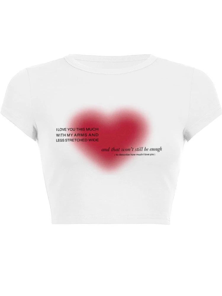 Aesthetic Heart Print T-shirt Anime Letter Kawaii 90’s Crop Tops Summer Short Sleeve Tees Kpop Y2k Clothes Lady