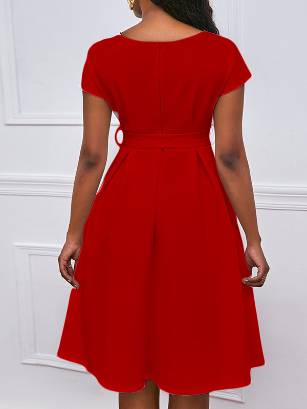 Bowknot Lace-up Color V-neck Midi Dresses