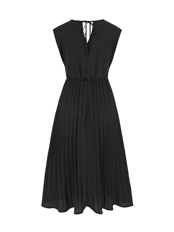 Sleeveless Pleated Color Tied Waist V-neck Midi Dresses