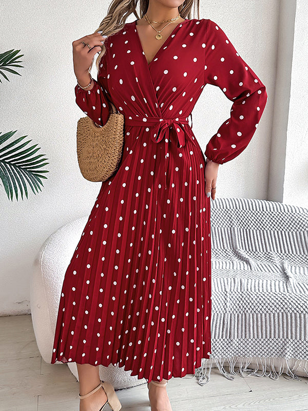 A-line High Waisted Elasticity Pleated Polka-dot Split-joint Tied Waist V-neck Midi Dresses Shirt Dress