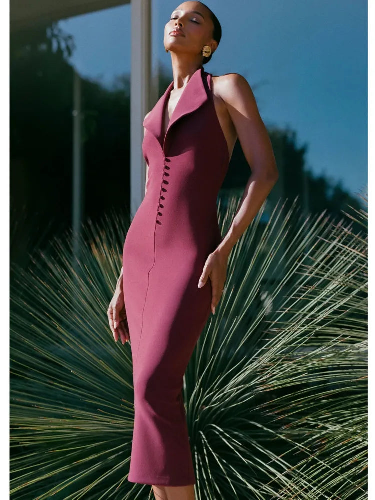 Artcat Sleeveless Button Bodycon Long Dress Deep V Party Evening Dress Autumn/winter New Silm Female Vestdos