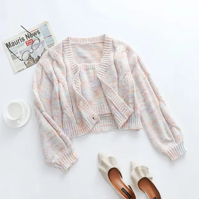 High Street Knitted Sweater 2 Piece Top and Vest Set for Cropped Long Sleeve Tops New Cardigan Knitwear