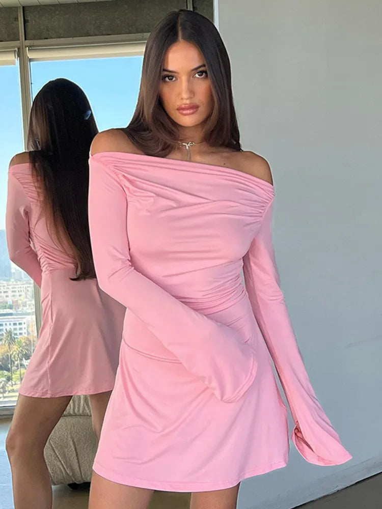 Julissa Mo Autumn Slash Neck Long Sleeve Ruched Pink Mini Dress for Slim Fit A-line Dress Party Clubwear