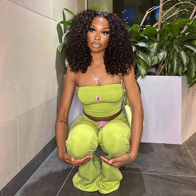 Ins Embroidered Flower Tube Top High Waist Drawstring Pant Two-piece Set Spring – Embroidered Tube Top and High Waist Drawstring Pants Set