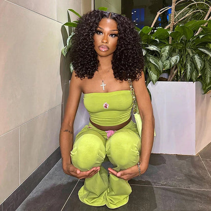 Ins Embroidered Flower Tube Top High Waist Drawstring Pant Two-piece Set Spring – Embroidered Tube Top and High Waist Drawstring Pants Set