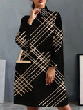 A-line Long Sleeves Pockets Printed High Neck Mini Dresses