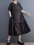 Loose Short Sleeves Color Split-joint Round-neck Midi Dresses