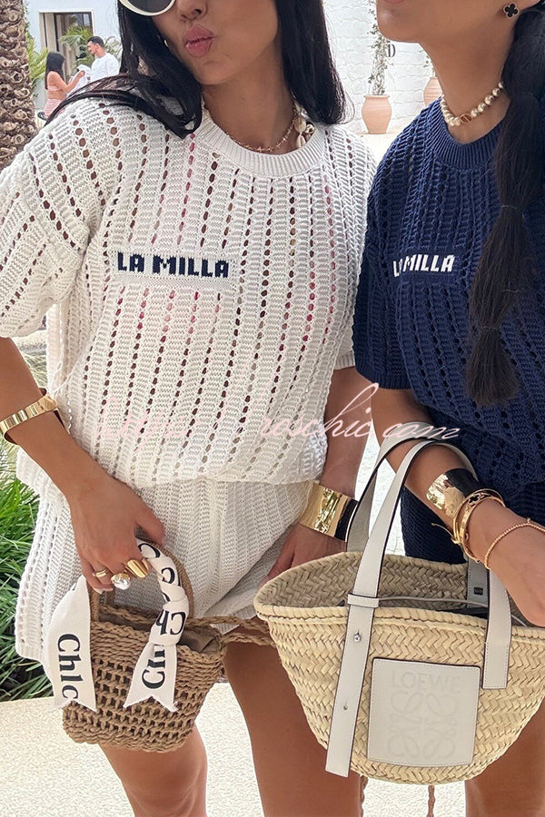Fashionable Hollow Knit Short-sleeved Top and Elastic High-waist Shorts Set