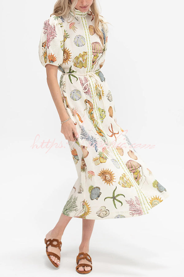 Beach Shell Print Puff Sleeve Tie-waist Midi Dress