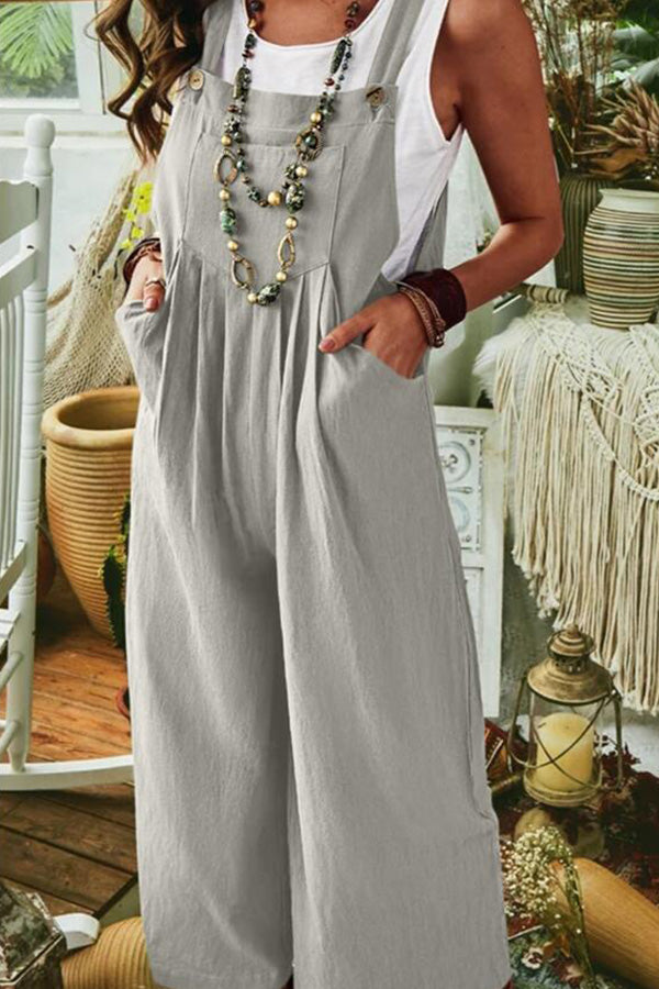 Color Sleeveless Pocket Wide Leg Side Button Jumpsuit