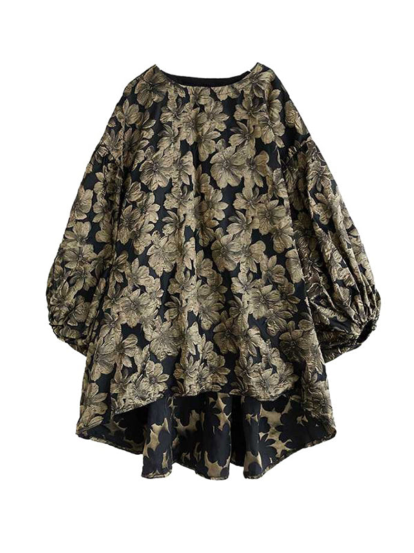 A-line High-low Elasticity Flower Print Jacquard Round-neck Midi Dresses
