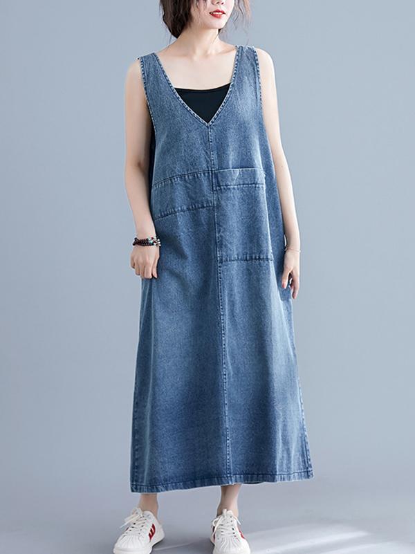 Loose Sleeveless Denim V-neck Midi Dress